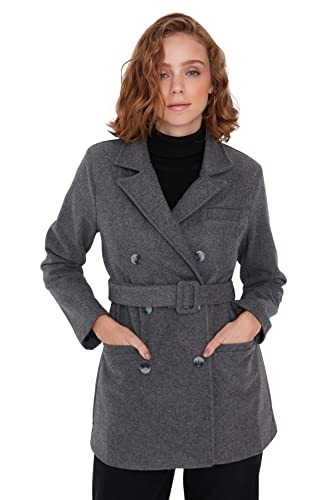 TRENDYOL Damen Trendyol Damen Regular Wickelschnitt Plain Webstoff Mantel Coat, Grau, 42 EU von TRENDYOL