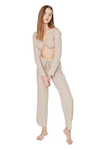 TRENDYOL Damen Trendyol Damen Strick-set, Einfarbig, Zweiteilig Aufeinander abgestimmtes Outfit, Beige, 46 EU von TRENDYOL