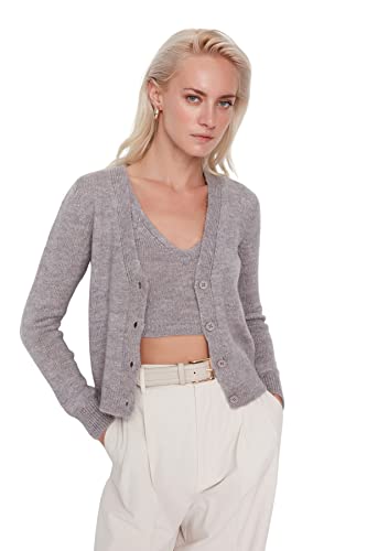 TRENDYOL Damen Trendyol Damen Strickjacke, Normale Passform, V-ausschnitt, Strickwaren Pullover, Hellbraun, M EU von TRENDYOL