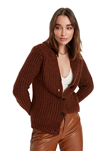 TRENDYOL Damen Trendyol Damen Strickjacke, Normale Passform, V-ausschnitt, Strickwaren Pullover, Zimt, M EU von TRENDYOL