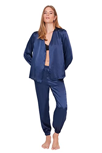 TRENDYOL Damen Trendyol Damen Unifarben Elastische Taille Mitte Webstoff Hemd-hose Pyjama Pajama Set Double-breasted Standard Indigo Pajama Set, Indigoblau, 34 von TRENDYOL