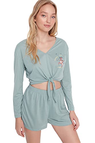 TRENDYOL Damen Trendyol Damen Unifarben Mitte Gestrickt T-shirt-shorts Pyjama Pajama Set, Mint, L EU von TRENDYOL