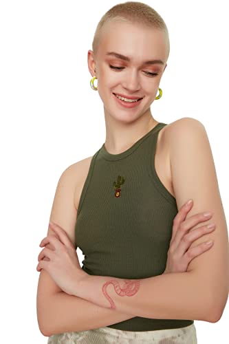 TRENDYOL Damen Trendyol Damen Young Regular Standard Rundhalsausschnitt Gewebtes Camisole Hemd, Khaki, L EU von TRENDYOL