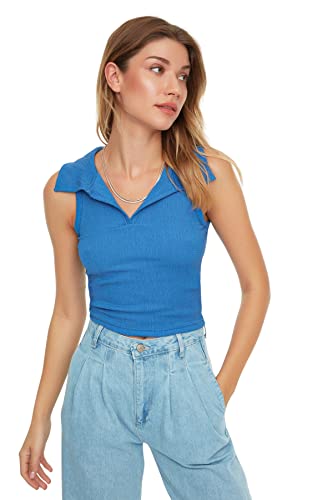TRENDYOL Damen Trendyol Damen-bluse, Tailliert, Standard, V-ausschnitt, Gewebte Bluse Hemd, Indigo, L EU von TRENDYOL