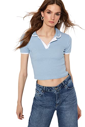 TRENDYOL Damen Trendyol Damen-bluse mit Polo-kragen, Enganliegend, Gewebt Hemd, Hellblau, L EU von TRENDYOL