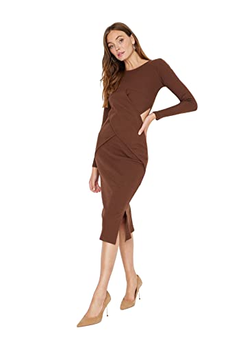 TRENDYOL Damen Trendyol Dames Midi Standaard Crew Neck Knit Jurk Kleid, Braun, 36 EU (S) von TRENDYOL