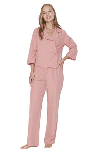 TRENDYOL Damen Trendyol Effen damesoverhemdbroek in het midden, geweven stof Pajama Set, Puder, 34 EU von TRENDYOL