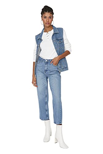 TRENDYOL Damen Trendyol Herren Hoher Bund Dad Jeans Jeans High Waist Denim Dad Black Jeans, Blau, 34 von TRENDYOL