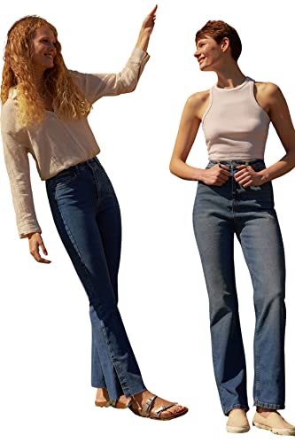 TRENDYOL Damen Trendyol Herren Hoher Bund Flared Jeans, Dunkelblau, 38 EU von TRENDYOL
