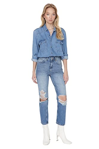 TRENDYOL Damen Trendyol Herren Hoher Bund Straight Jeans, Blau, 36 EU von TRENDYOL