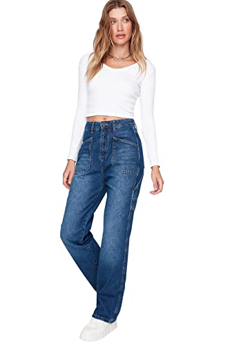 TRENDYOL Damen Trendyol Herren Hoher Bund Weites Bein der 90er Jeans, Blau, 34 EU von TRENDYOL