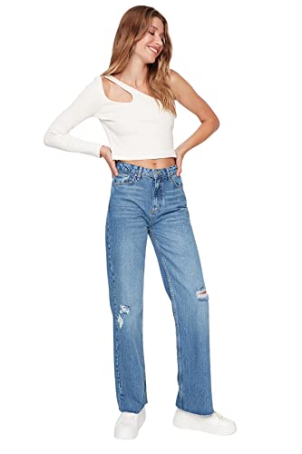 TRENDYOL Damen Trendyol Herren Hoher Bund Weites Bein der 90er Jeans, Blau, 38 EU von TRENDYOL