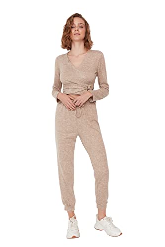 TRENDYOL Damen Trendyol Herren Loungewear Hoher Bund Figurbetont Hose Pants High Waist Woven Fitted Stone Pants, Beige, XL von TRENDYOL