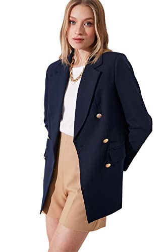 TRENDYOL Damen Trendyol Button Detaillierte Übere Blazerjacke Jacket Casual, Navy Blau, 42 von TRENDYOL