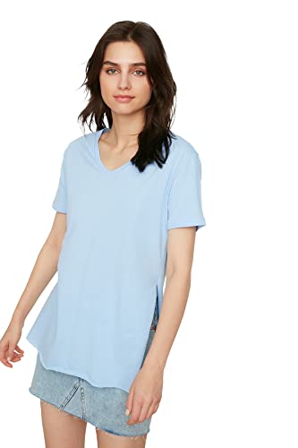 TRENDYOL Damen Trendyol V-neck Asymmetric Knitted T-shirt T Shirt, Blau, XS EU von TRENDYOL