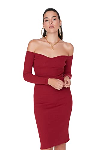 TRENDYOL Damen Trendyol Woman Midi Bodycon Carmen-ausschnitt Gestrickt Kleid, Burgund, XS EU von TRENDYOL