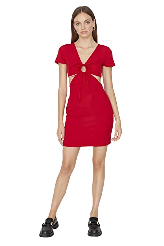 Trendyol Damen Woman Midi Bodycon Crew Neck Knit Dress Kleid, Rot, 34 von TRENDYOL