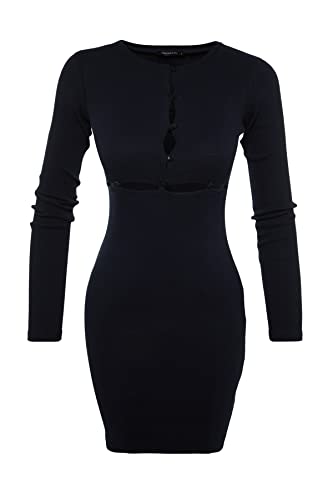 TRENDYOL Damen Trendyol Woman Midi Bodycone Rundhalsausschnitt Gestrickt Kleid Kleid Umlegekragen Standard Schwarz Kleid, Navy Blau, L von TRENDYOL