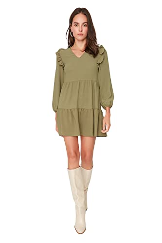 TRENDYOL Damen Trendyol Woman Mini A-line V-neck Woven Dress Kleid, Khaki, 40 EU von TRENDYOL