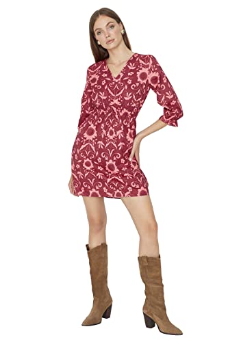 TRENDYOL Damen Trendyol Woman Mini A-linie Stehkragen Gestrickt Kleid Kleid V-Ausschnitt Standard Orange Kleid, Rosa, 36 von TRENDYOL