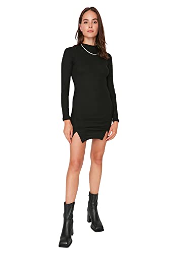 TRENDYOL Damen Trendyol Woman Mini Bodycon Rundhalsausschnitt Gestrickt Kleid, Schwarz, XL EU von TRENDYOL