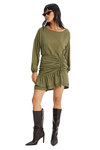 TRENDYOL Damen Trendyol Woman Mini Ruffle Hem Crew Neck Woven Dress, Khaki, 36 EU von TRENDYOL