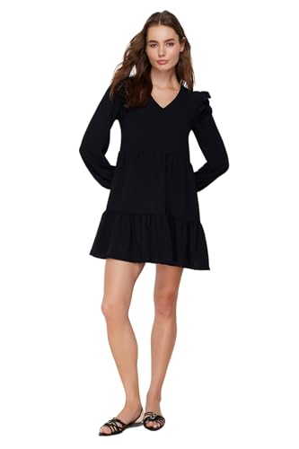 TRENDYOL Damen Trendyol Woman Petite Mini Ruffle Hem V-Neck Woven Dress, Schwarz, 38 EU von TRENDYOL