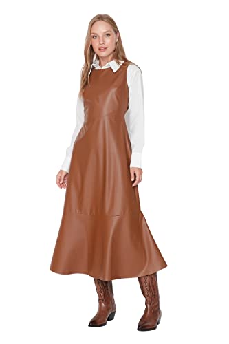TRENDYOL Damen Trendyol Woman Übergröße Mini Bodycon Rundhalsausschnitt Webstoff Große Größen in Kleid, Camel, S EU von TRENDYOL