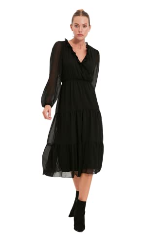 TRENDYOL Damen Trendyol Women's Midi A-line V-neck Woven Dress, Schwarz, 38 EU von TRENDYOL