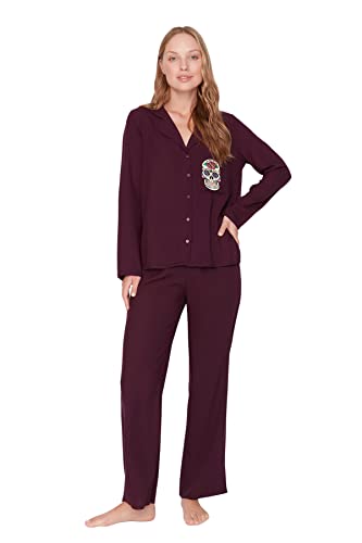 TRENDYOL Damen Trendyol Women's Print Button Middle Woven Fabric Shirt Trousers Pyjamas Pajama Set, Lila, 36 EU von TRENDYOL