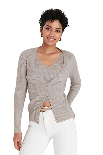 TRENDYOL Damen Trendyol Women's Regular Fit V-neck Knitwear Cardigan Pullover, Braun, S EU von TRENDYOL