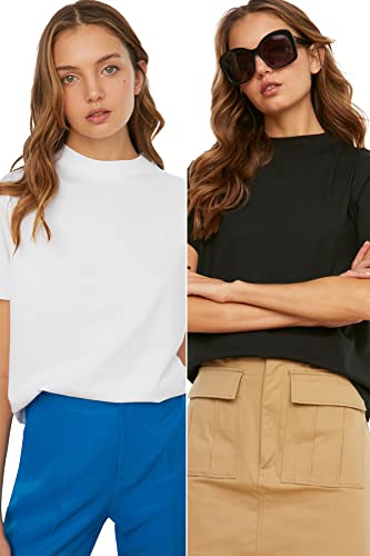 TRENDYOL Damen Trendyol and Steep Collar 2 Pack Basic Knitted T-shirt T Shirt, Weiß, S EU von TRENDYOL