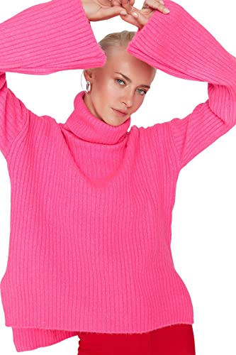 TRENDYOL Damen Turtleneck Jumper, Plain, Oversize Sweatshirt, Fuchsia, S EU von TRENDYOL