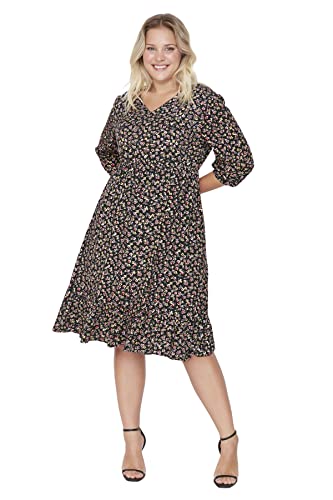 TRENDYOL Damen Übergröße Regular Skater V-Ausschnitt Webstoff Große Größen in Kleid, Schwarz/Mehrfarbig, 50 EU von TRENDYOL
