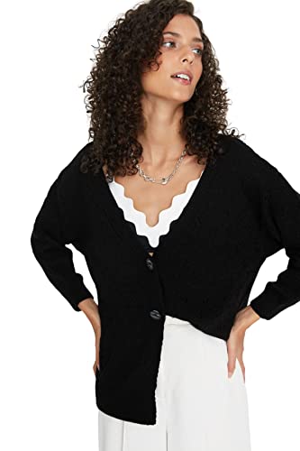 TRENDYOL Damen V-Ausschnitt Einfarbig Oversize Cardigan Pullover, Schwarz, S von TRENDYOL