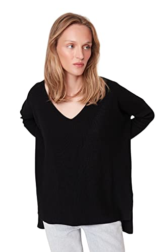 TRENDYOL Damen V-ausschnitt Einfarbig Oversize Sweater Sweatshirt, Schwarz, L EU von TRENDYOL