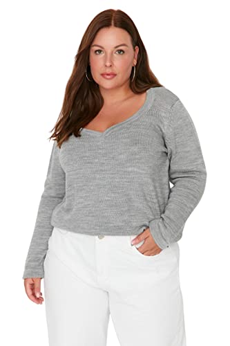 TRENDYOL Damen V-Ausschnitt Plain Regular Plus Size Pullover Sweatshirt, Hellgrau, XXL Größen von TRENDYOL