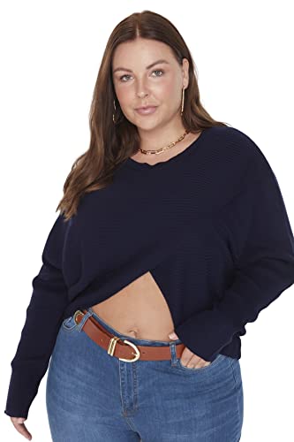 TRENDYOL Damen V-Ausschnitt Plain Regular Plus Size Pullover Sweatshirt, Marineblau, 5XL Größen von TRENDYOL
