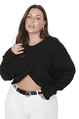 TRENDYOL Damen V-Ausschnitt Plain Regular Plus Size Pullover Sweatshirt, Schwarz, 4XL Größen von TRENDYOL