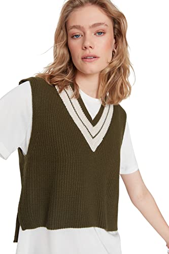 TRENDYOL Damen V Neck Plain Regular Sweater Vest Sweater V-Ausschnitt Ärmellos Khaki Strickweste, Khaki, L von TRENDYOL