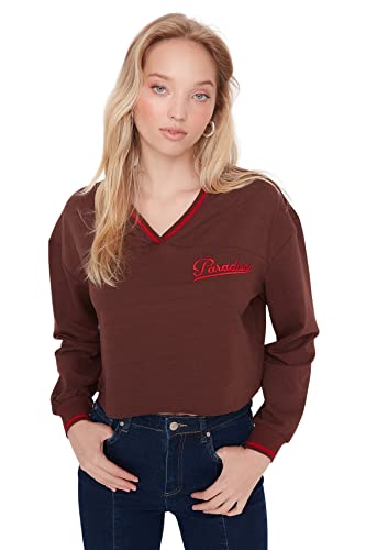 TRENDYOL Damen V Neck With Slogan Regular Sweatshirt, Brown, XL EU von TRENDYOL