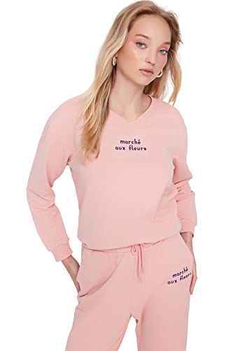 TRENDYOL Damen V Neck with Slogan Figurbetont Sweatshirt, Powder, M von TRENDYOL