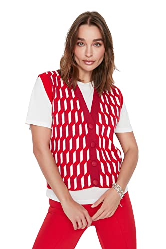 TRENDYOL Damen V-neck, Chequered Regular Knitted Vest Sweater, Fuchsia, M EU von TRENDYOL