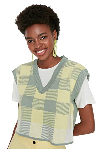 TRENDYOL Damen V-neck, Chequered Regular Knitted Vest Sweater, Mint, S EU von TRENDYOL