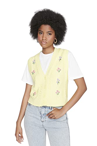 TRENDYOL Damen V-neck, Floral Regular Knitted Vest Sweater, Gelb, M EU von TRENDYOL