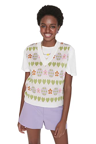 TRENDYOL Damen V-neck, Plain Colours, Figure-hugging Knitted Vest Sweater, Ecru, S EU von TRENDYOL