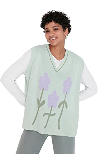 TRENDYOL Damen V-neck, Plain Colours, Regular Pullover Vest Sweater, Grün, S-M EU von TRENDYOL