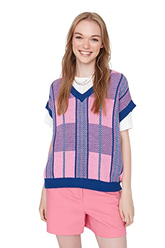 TRENDYOL Damen V-neck Colorblock Regular Vest Sweater, Blau, M EU von TRENDYOL