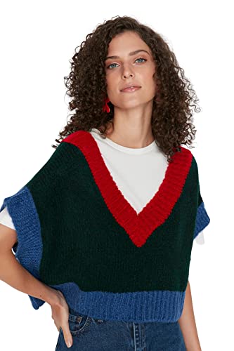 TRENDYOL Damen V-neck Colorblock Regular Vest Sweater, Grün, L EU von TRENDYOL