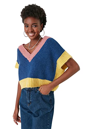 TRENDYOL Damen V-neck Colorblock Regular Vest Sweater, Marineblau, M EU von TRENDYOL